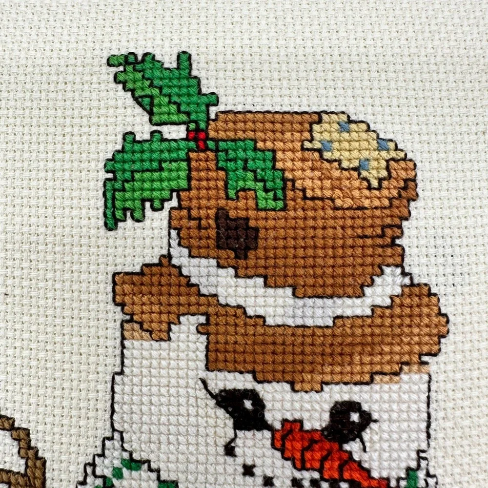 Cross Stitch VTG Pillow‎ Green Christmas Cottage Needlepoint